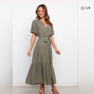 NWT- Olive Tiered Wrap Midi Dress